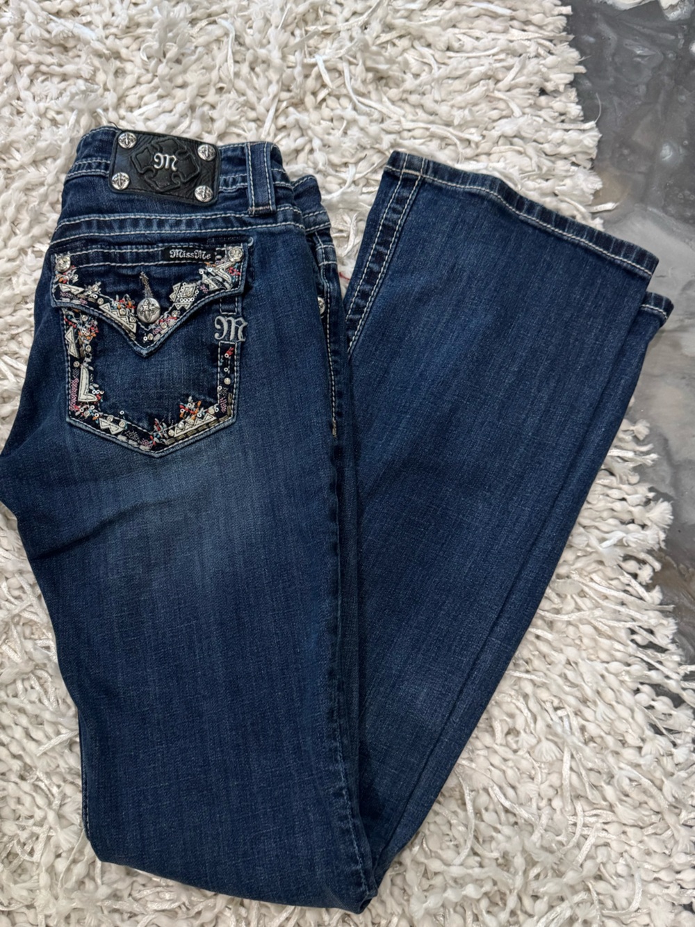 Miss Me Dark Blue Embroidered Pocket Boot Cut Jeans -Size 28